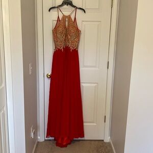 Long formal dress with glittery lace overlay at the top